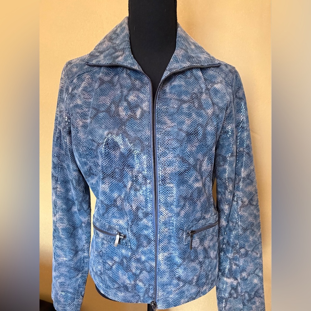 Chico's Blue Leather Snake Textured Bomber Jacket